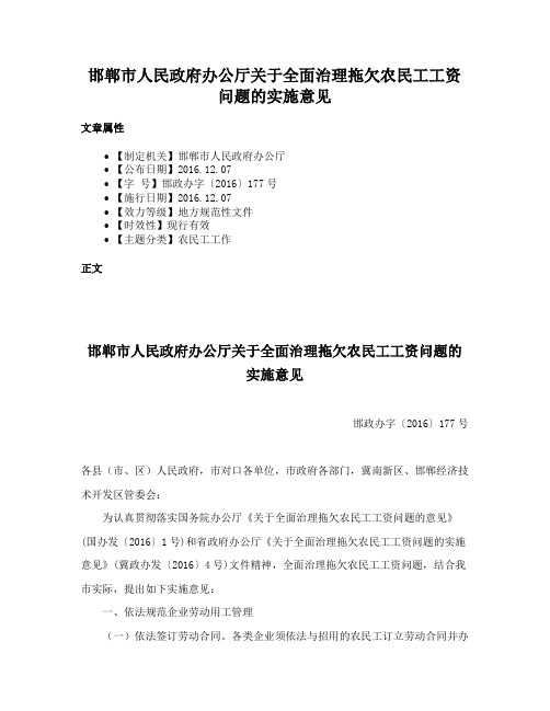 邯郸市人民政府办公厅关于全面治理拖欠农民工工资问题的实施意见