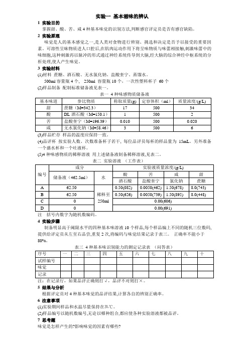 实验一 基本滋味的辨认