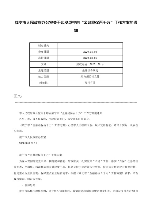 咸宁市人民政府办公室关于印发咸宁市“金融稳保百千万”工作方案的通知-咸政办函〔2020〕28号