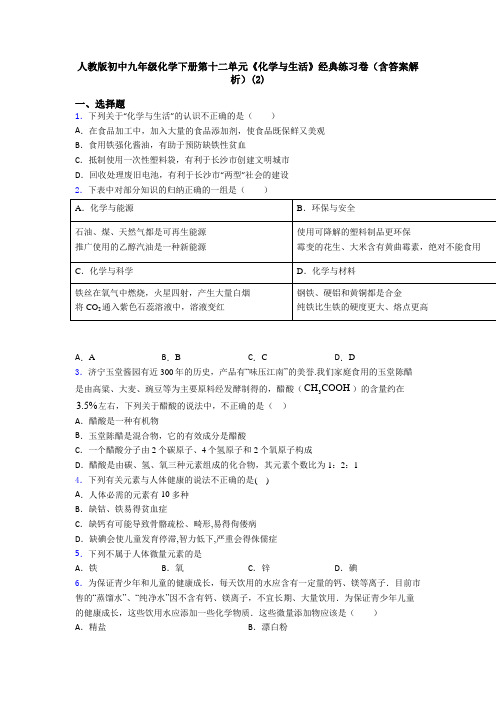 人教版初中九年级化学下册第十二单元《化学与生活》经典练习卷(含答案解析)(2)