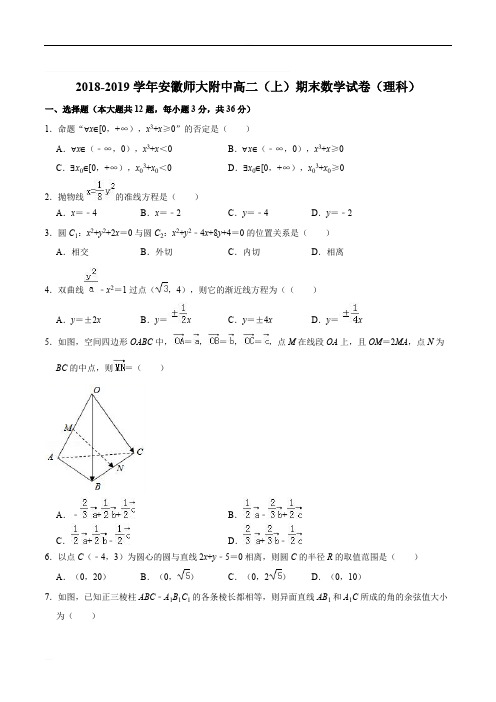 安徽师范大学附属中学2018-2019学年高二上学期期末考查数学(理)(含精品解析)