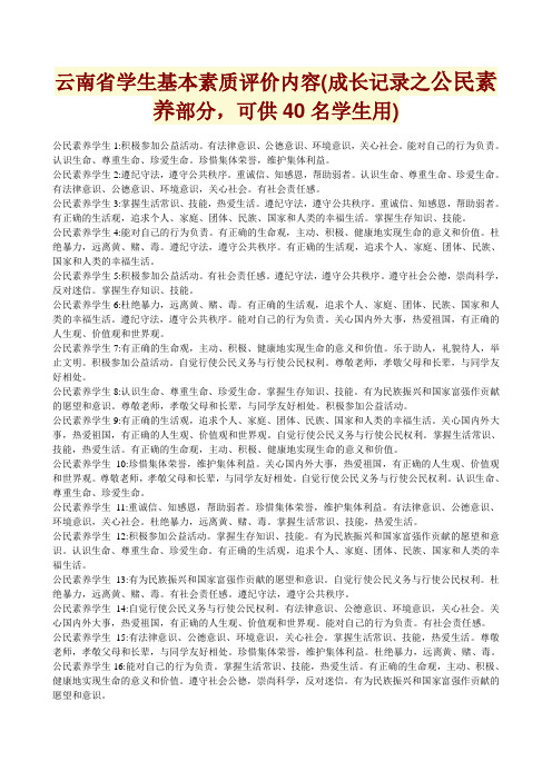 云南省学生基本素质评价内容(成长记录之公民素养部分,可供40名学生用)