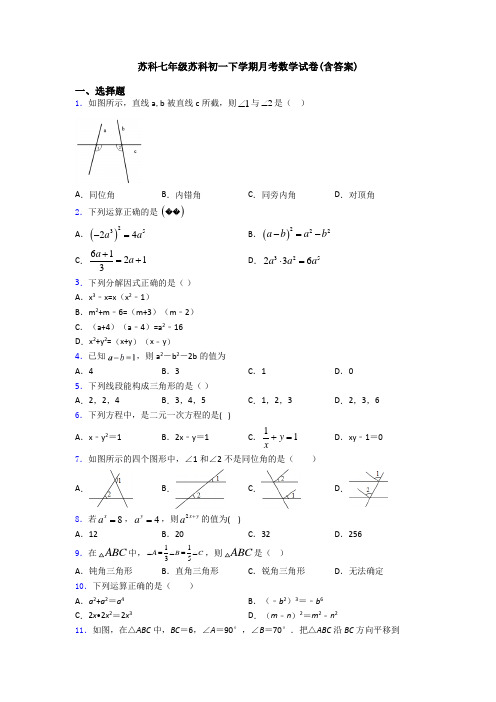 苏科七年级苏科初一下学期月考数学试卷(含答案)