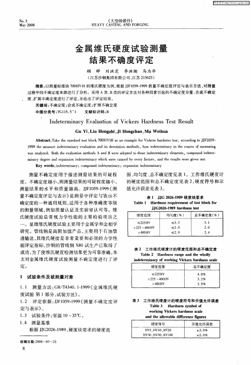 金属维氏硬度试验测量结果不确度评定