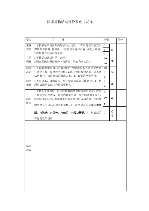 同课异构活动评价要点