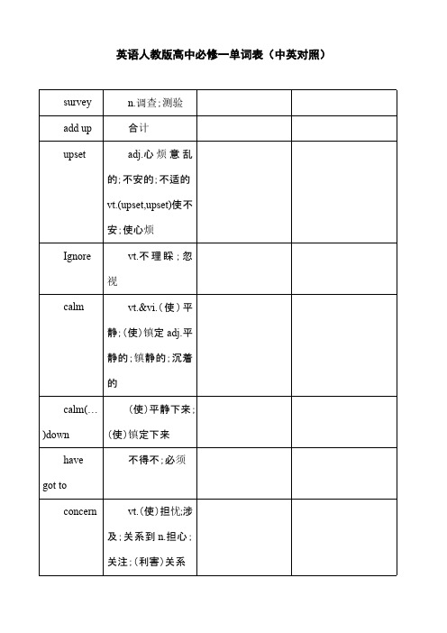 英语人教版高中必修一单词表(中英对照)