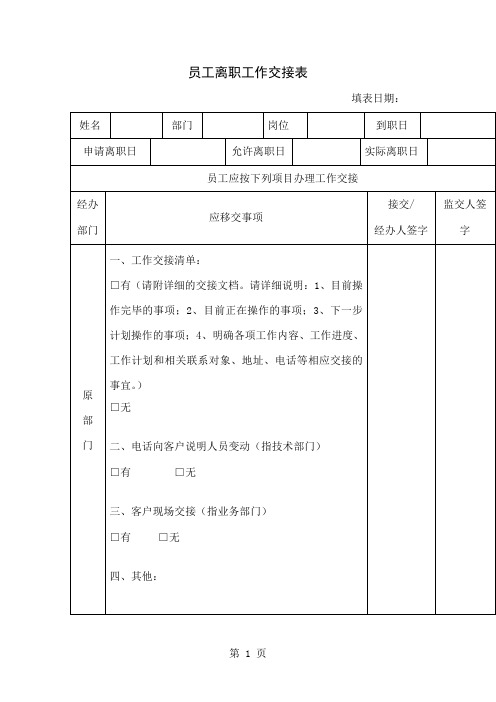 员工离职工作交接表(制度范本、doc格式)4页word文档