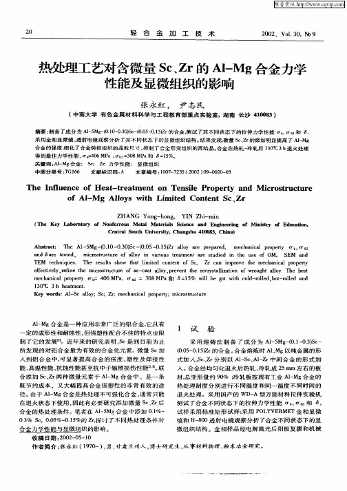 热处理工艺对含微量Sc、Zr的Al—Mg合金力学性能及显微组织的影响