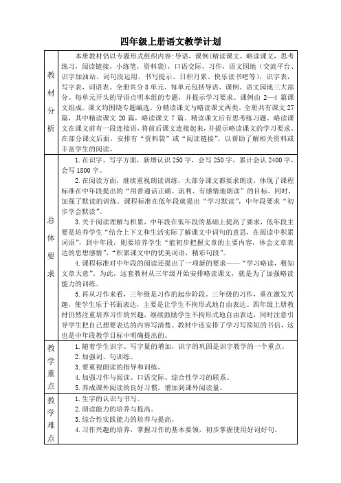 2019秋四年级语文上册教学计划