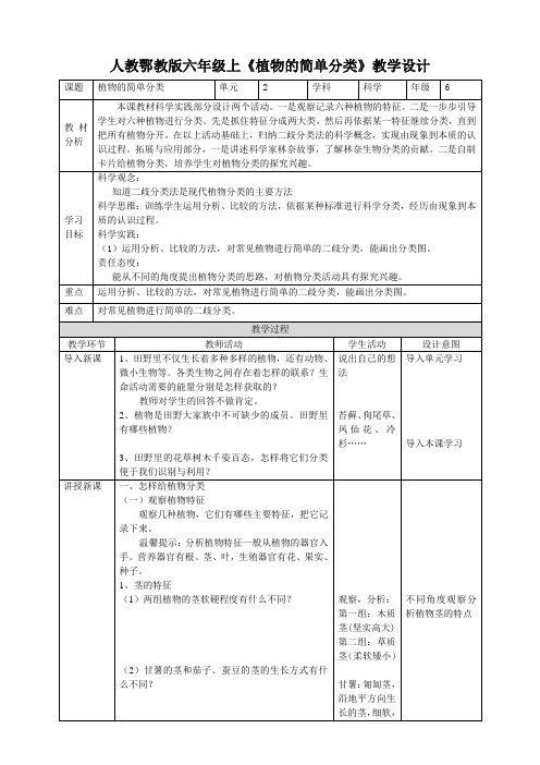 2-4《植物的简单分类》教案+人教鄂教版六年级科学上册