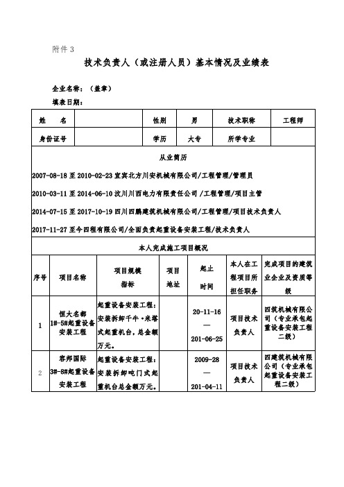 起重设备技术负责人业绩