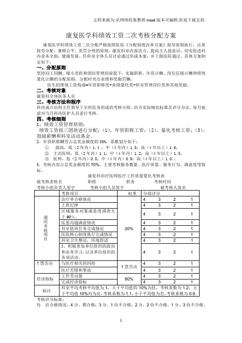 针灸理疗科绩效工资二次考核分配方案