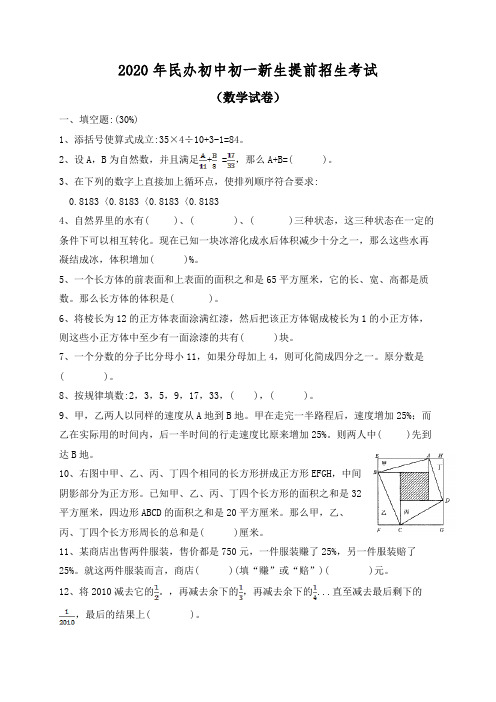 2020年民办中学小升初提前招生考试语文数学整套试卷及答案