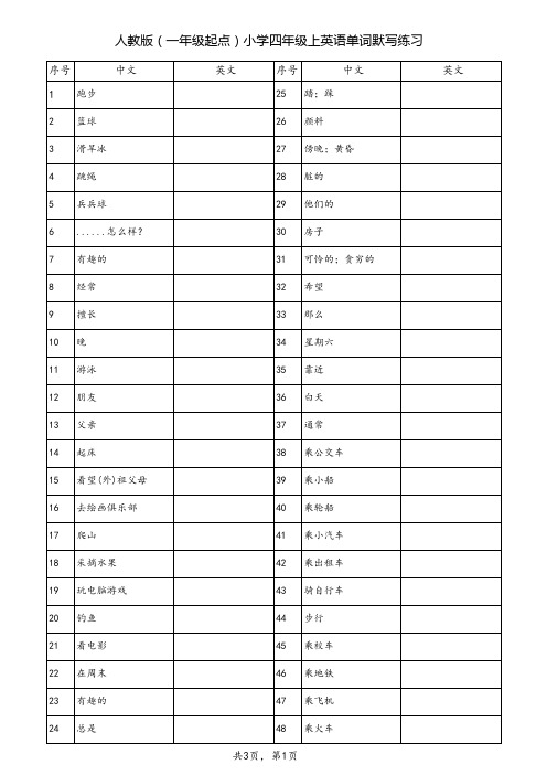 人教版(一年级起点)小学四年级上英语单词默写练习