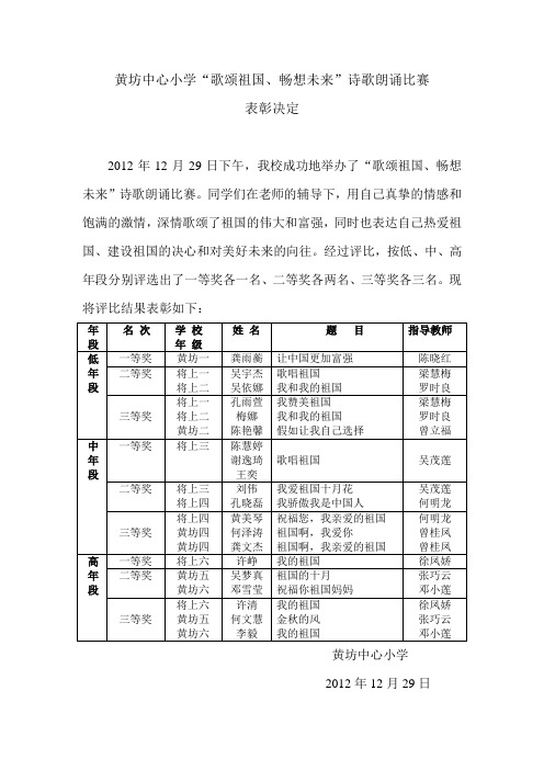 诗歌朗诵比赛评比结果表彰决定