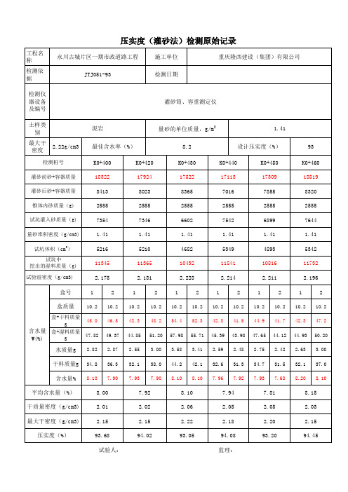 灌砂法压实度检测原始记录