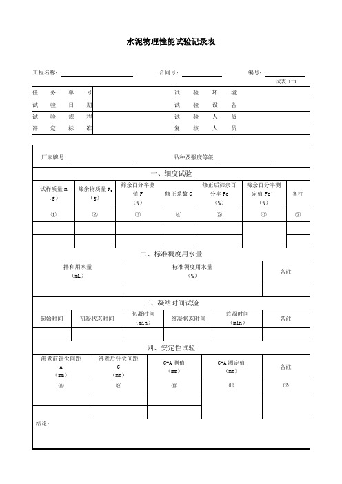 1-1～1-20水泥混凝土试验记录表--【江苏省公路水运工程试验用表】