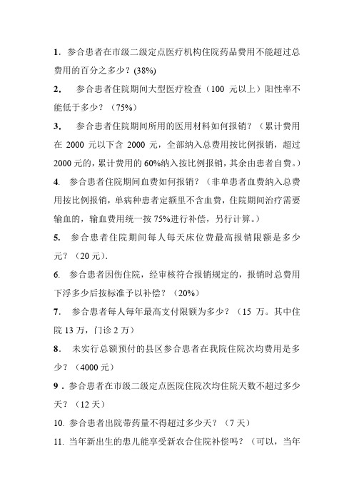 1.参合患者在市级二级定点医疗机构住院药品费用不能超过总费用的百