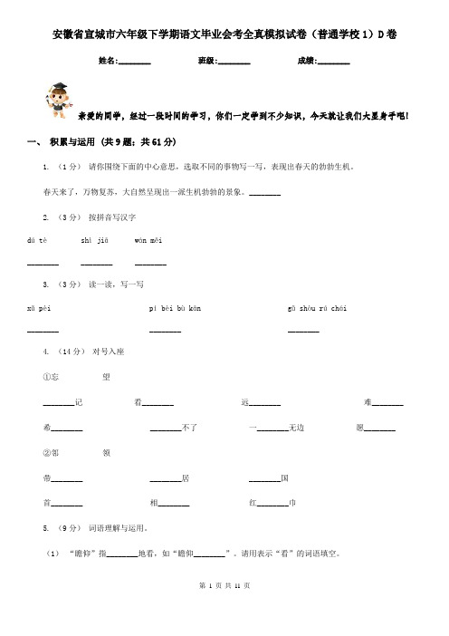 安徽省宣城市六年级下学期语文毕业会考全真模拟试卷(普通学校1)D卷