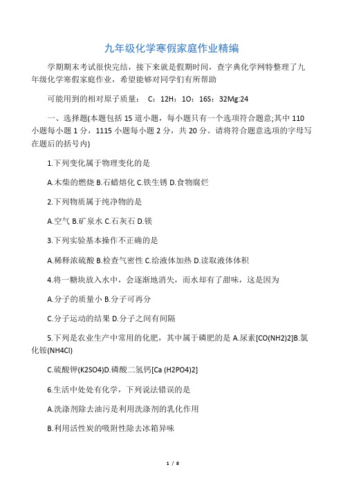 九年级化学寒假家庭作业精编