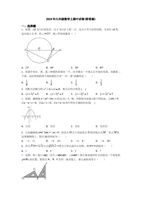 2019年九年级数学上期中试卷(附答案)