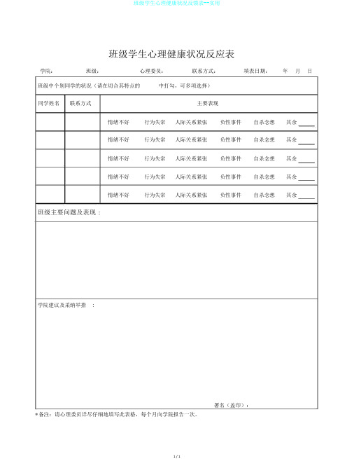 班级学生心理健康状况反馈表--实用