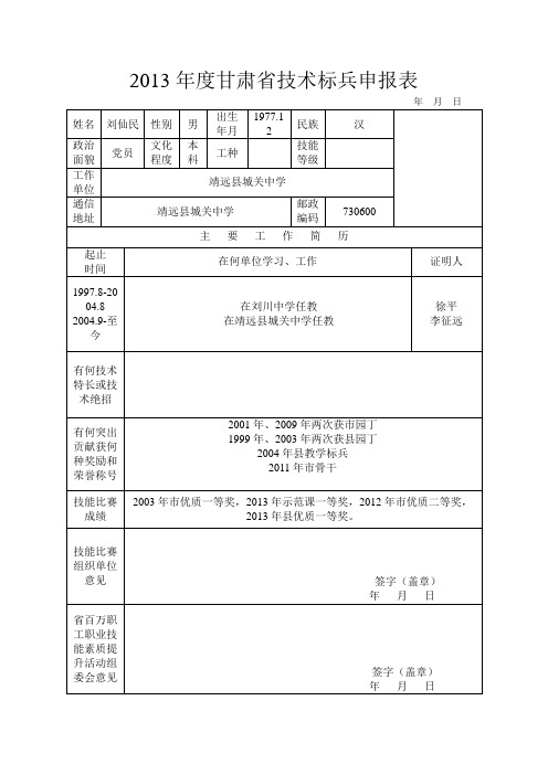 2013年度甘肃省技术标兵申报表 2[1] 2