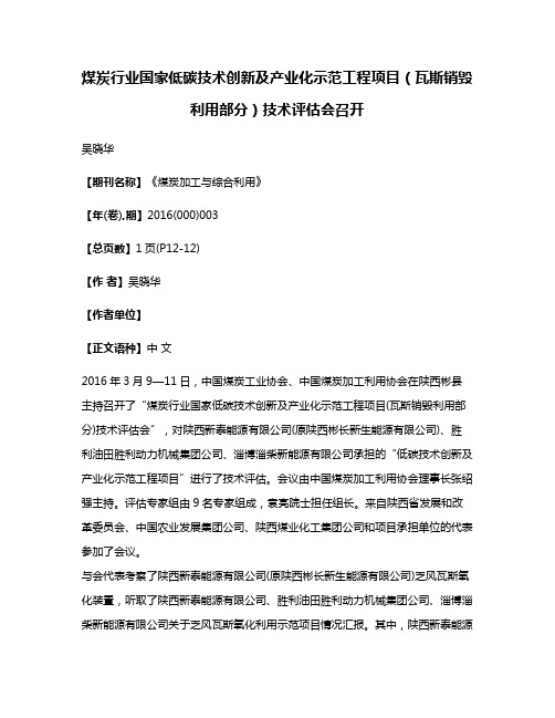 煤炭行业国家低碳技术创新及产业化示范工程项目（瓦斯销毁利用部分）技术评估会召开