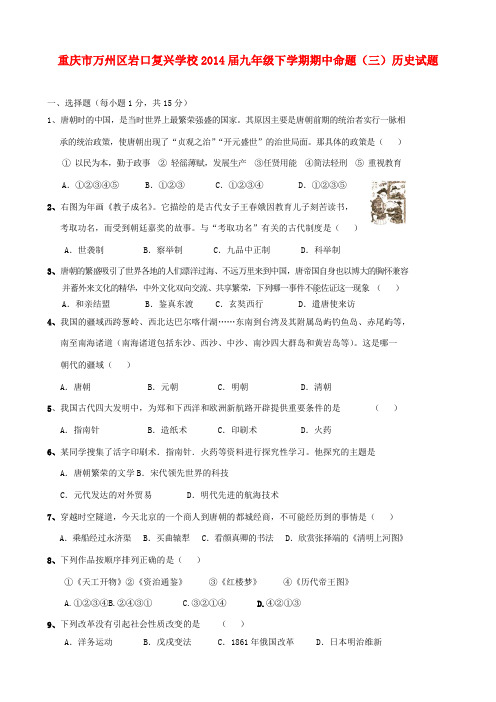 重庆市万州区岩口复兴学校2014届九年级历史下学期期中命题试题(三)