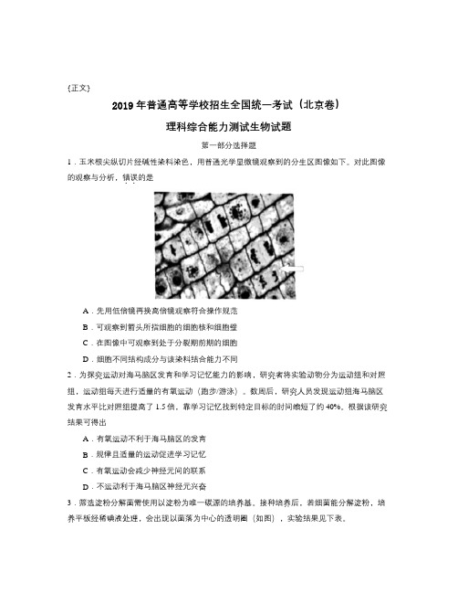 2019年普通高等学校招生全国统一考试(北京卷)试卷与答案