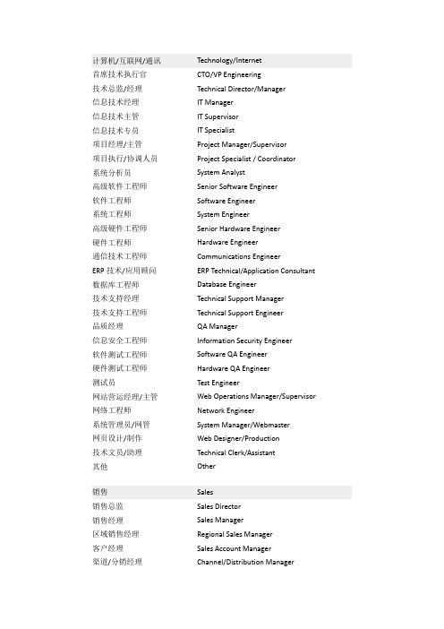 常用职业类别名称中英文对照