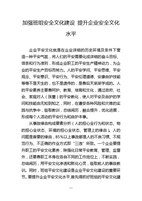 加强班组安全文化建设 提升企业安全文化水平