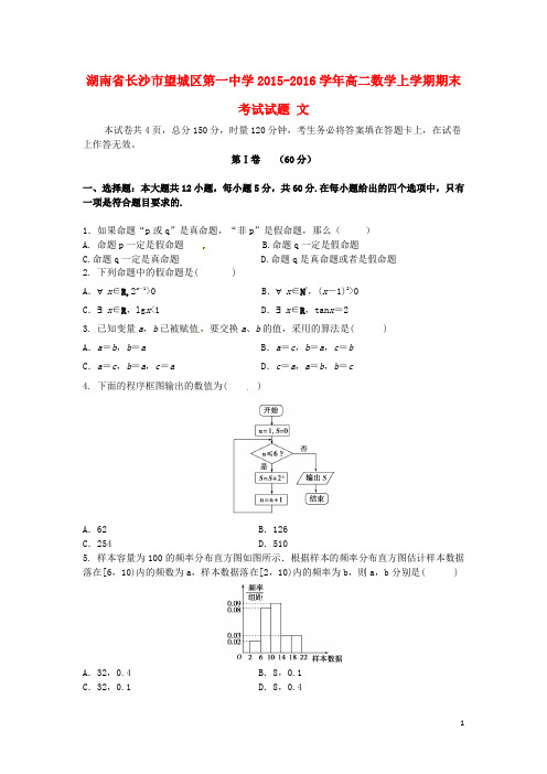 湖南省长沙市望城区第一中学高二数学上学期期末考试试题 文