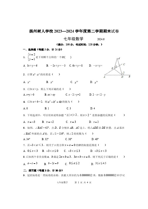 扬州树人学校 2023-2024 学年第二学期期末试卷-七年级数学试卷(后附参考答案)