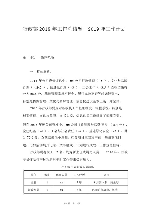 行政部2018年工作总结暨2019年工作计划