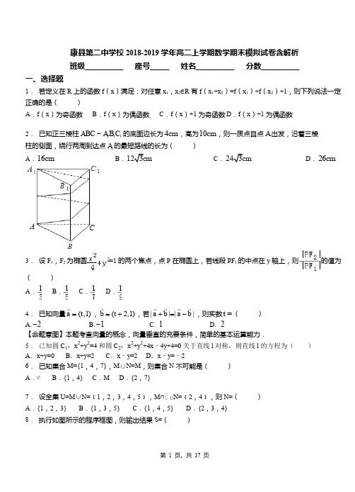 康县第二中学校2018-2019学年高二上学期数学期末模拟试卷含解析