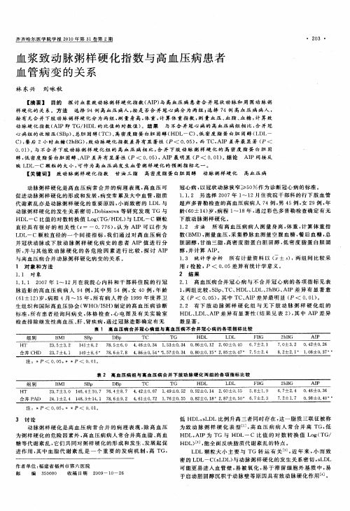 血浆致动脉粥样硬化指数与高血压病患者血管病变的关系