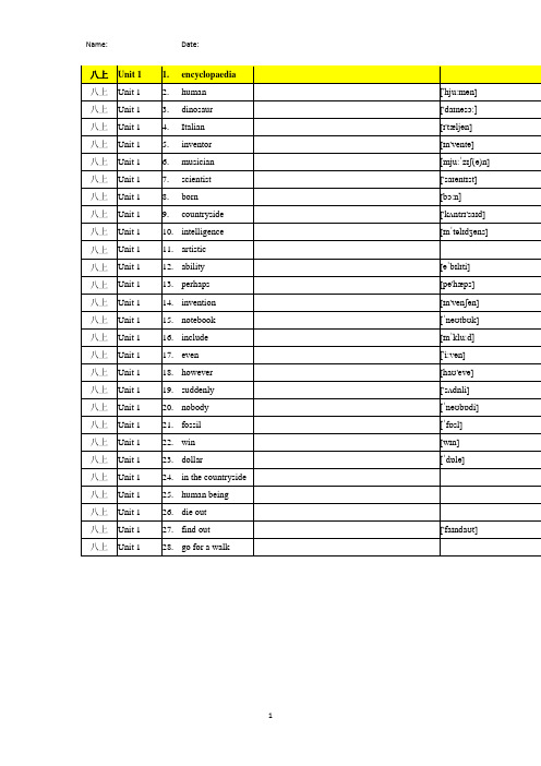 广东省深圳市牛津深圳版中考复习八年级上册英语单词表格