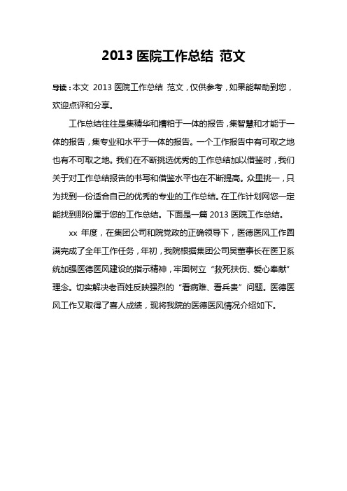 2013医院工作总结 范文