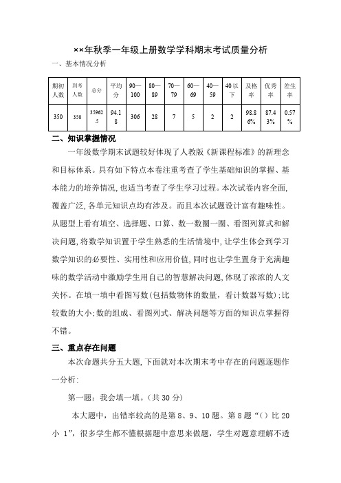 一年级上册数学期末考数学质量分析