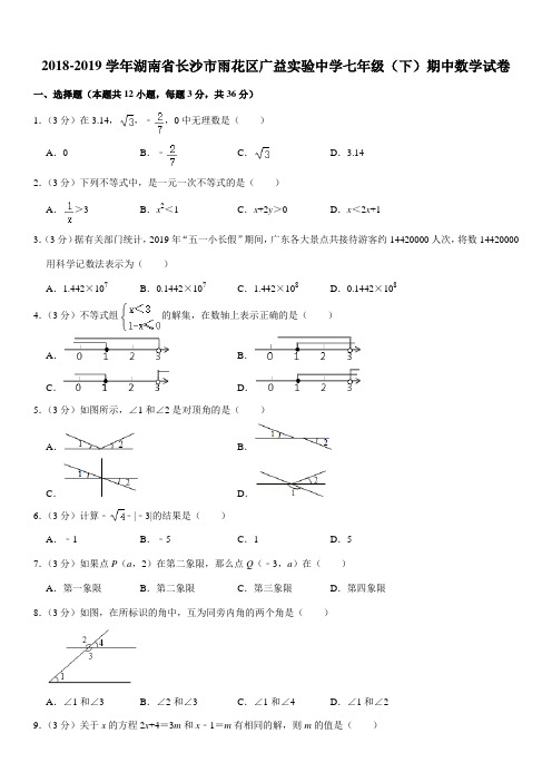 2018-2019学年湖南省长沙市雨花区广益实验中学七年级(下)期中数学试卷