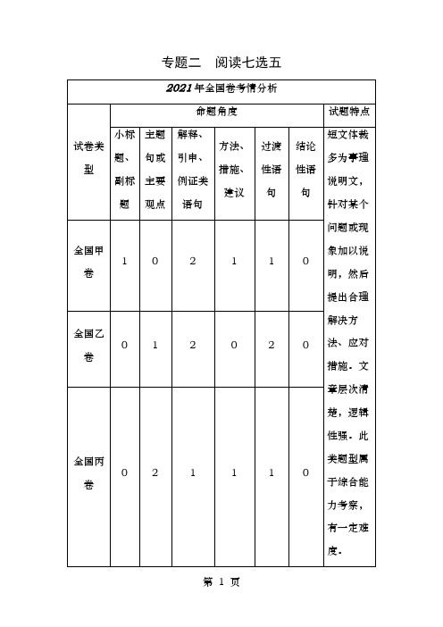 高三英语二轮复习第部分专题阅读七选五模式设空在段首