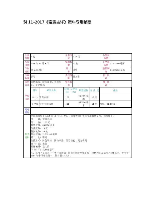 贺11-2017《富贵吉祥》贺年专用邮票