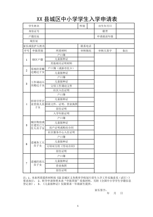 中小学学生入学申请表