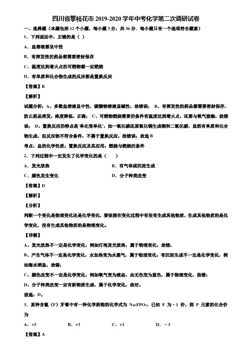 四川省攀枝花市2019-2020学年中考化学第二次调研试卷含解析