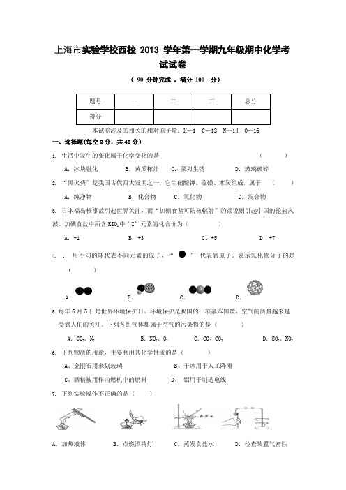 上海市实验学校西校2013-2014学年九年级第一学期期中考试化学试题(含答案)