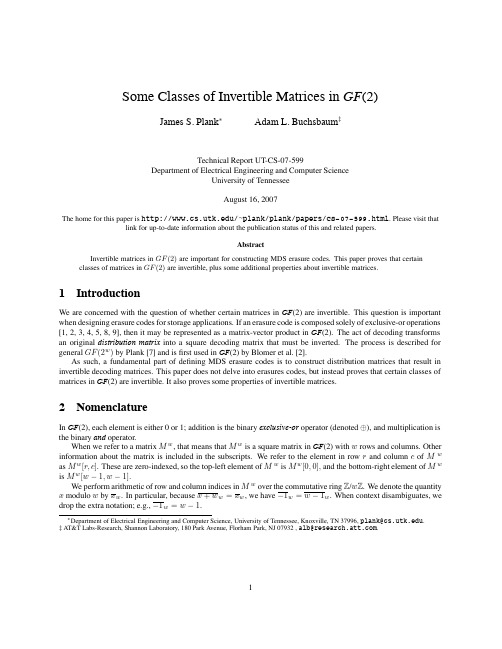 Some Classes of Invertible Matrices in GF(2)