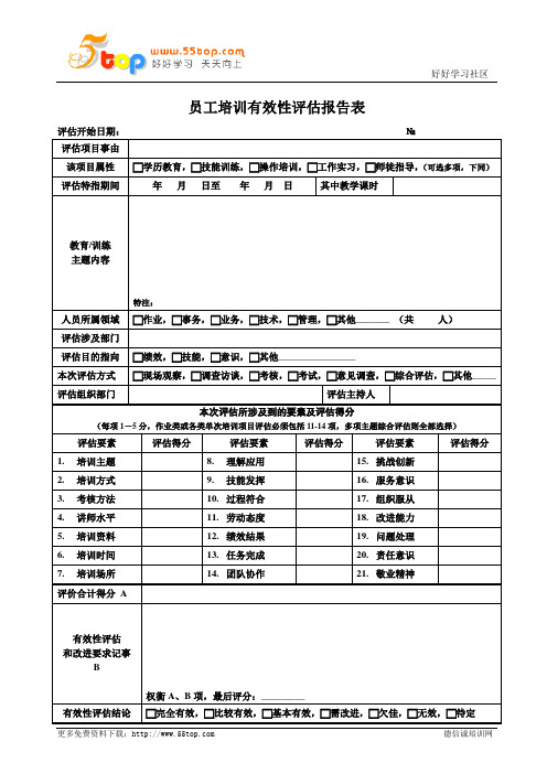 员工培训有效性评估报告表