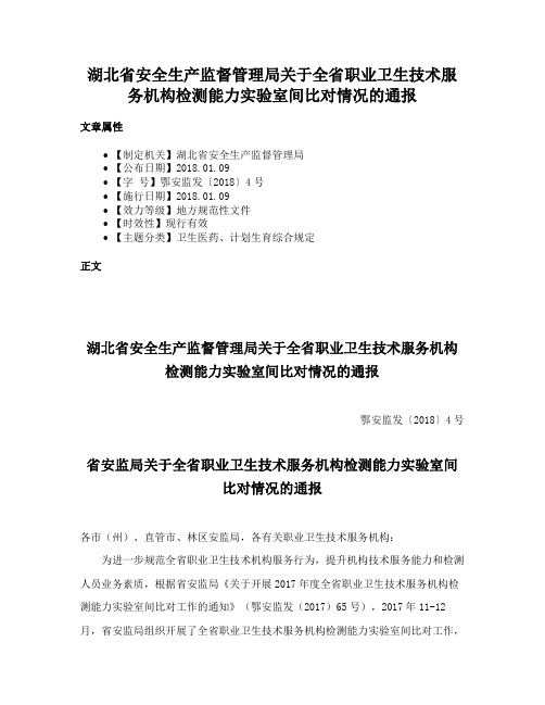 湖北省安全生产监督管理局关于全省职业卫生技术服务机构检测能力实验室间比对情况的通报