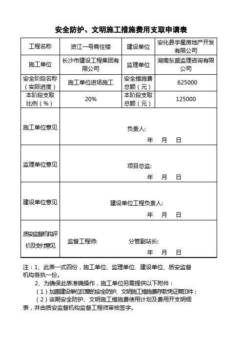 安全防护、文明施工措施费用支取申请表